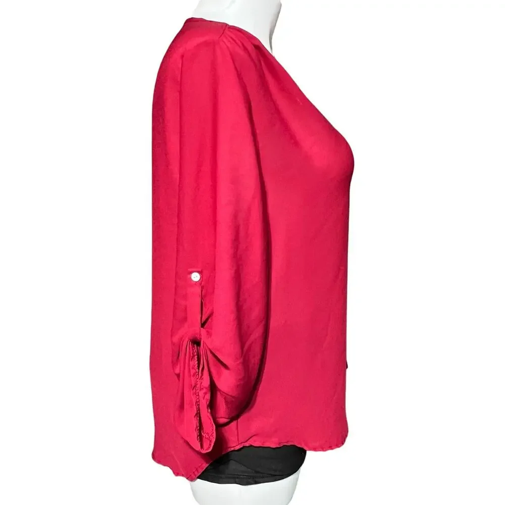 Womens Boutique Blouse Top Zipper Accent V Neck Sheer Roll Tab Sleeves Red